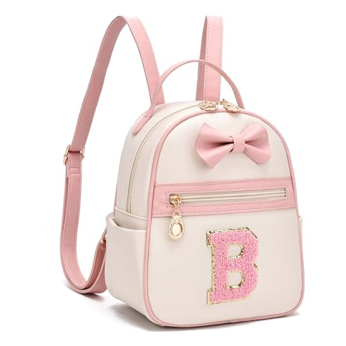 I IHAYNER Mochila de couro pequena com laço com inicial para meninas, mini mochila personalizada, presente moderno para mulheres, Rosa - B, Small, Mochilas Daypack