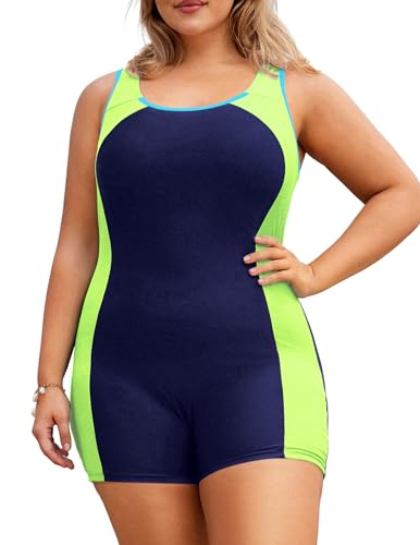 Hanna Nikole Womens Plus Size Boyleg One Piece Athletic Swimsuit Full Coverage Racerback Training Bathing Suit Navy Blue/Yellow