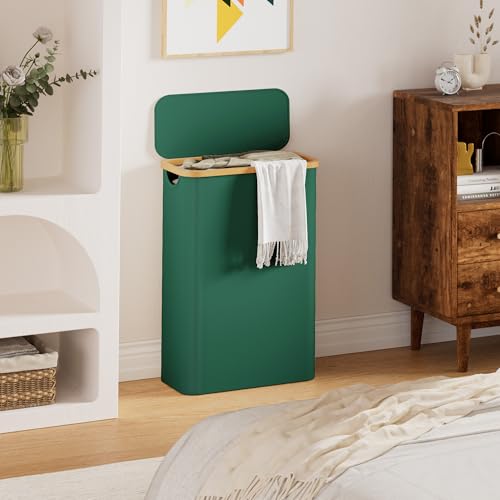 YOUDENOVA Cesta para la ropa sucia con tapa, 48 L, estrecha, con bolsa de lavandería, plegable, clasificador de ropa sucia, de madera de bambú, cestas altas para la colada, color verde - imagen 6