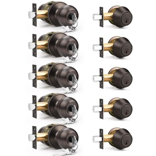 5 Pack Entry Door Locksets with Single Cylinder Deadbolt, Oil Rubbed Bronze Exterior Door Lock Set with Same Key, Front Roound Door Knob and Deadbolt Set