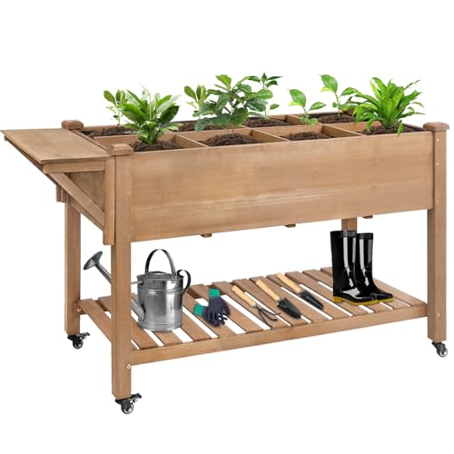 Raised Garden Bed with Lockable Wheels Mobile Elevated Wood Planter,Storage Shelf, Protective Liner,55.5x24x32in (Brown) 55.5" x 24" x 33"