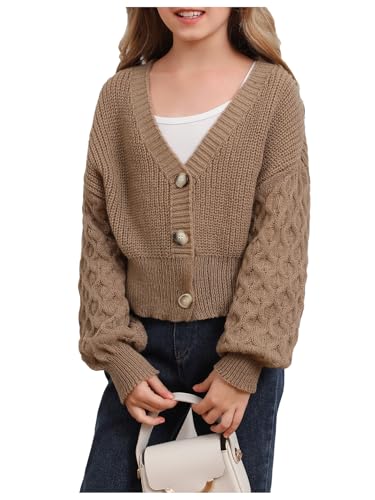 MakeMeChic Girl's Cable Knit Cropped Cardigan Sweater V Neck Long Sleeve Button Down Sweaters Brown 12 Years