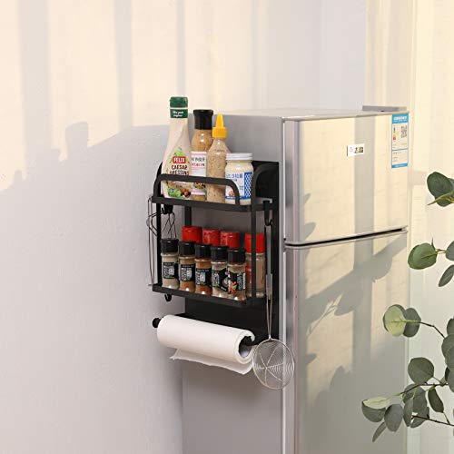 Ycoco Magnetic Spice Rack Organizer 2 Tier Refrigerator Storage Shelf With Paper Towel Holder And Removable Hooks,Magnetic Paper Towel Holder Rack,Black #TOP3