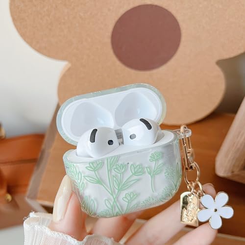 Image of MINSCOSE for AirPods 4 Clear Case,Cute Flower Floral Aesthetic Design with Floral Keychain, Soft TPU Protective Shockproof Case for Women Girl for Airpods 4-Green