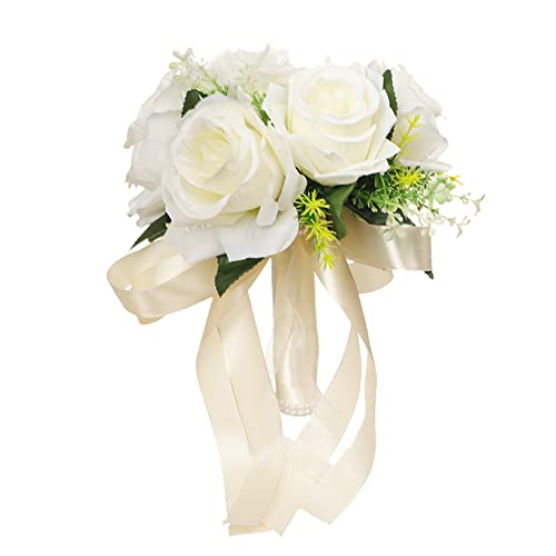 Bridal Bouque Wedding Hand Bouquet Bridal Holding Artificial Rose Flower Silk Flower Bouquet With Ribbon for Wedding Supply White Wedding Bouquet Wedding Holding Flowers Artificial Rose Bouquet Bridal