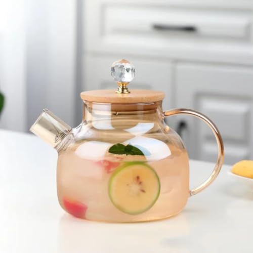 Image of PrimeWorld 1000 ML Borosilicate Glass Teapot with Wooden Lid & Crystal Handle | Heat-Resistant Clear Tea Maker Pot for Green Tea, Coffee, Herbal Infusions | Elegant Glass Kettle for Home & Gifting