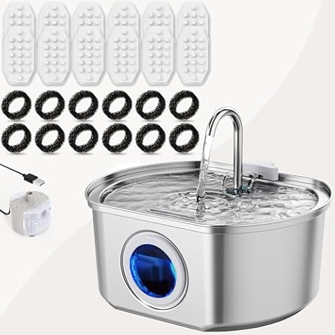 Neareal Stainless Steel Cat Water Fountain & 12 Pack Replacement Filters & Pre-Filter Sponges & Replacement Water Pump Cover