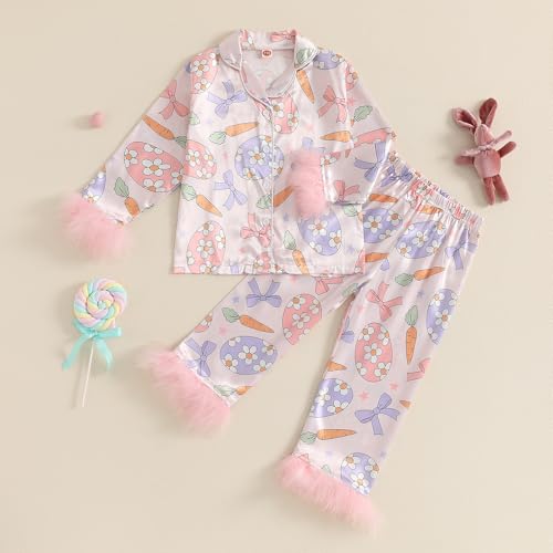 MAINESAKA Toddler Baby Girl Satin Pajamas Set Feather Trim Long Sleeve Button Down Tops Long Pants 2Pcs Pjs Sleepwear Outfits (N-Pink, 6-7 Years)