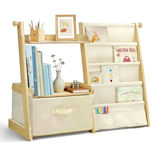 wooshwa Estanteria Libros Infantil, Libreria Estanteria Montessori Infantil, Estantería de Juguetes con 4 Estanterías, 2 estantes de exposición y 1 Caja de Almacenamiento - Beige