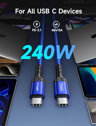 Image of JSAUX 240W USB C to USB C Cable 6.6FT&10FT, Type C Fast Charging Cord, Blue | 240 Watt PD Fast Charging Cord for MacBook, iPad, Dell XPS, iPhone 17 /16 /15 series, Galaxy S26 /S25 /S24 and Pixel