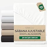 Sábana Bajera 90x200cm - 100% Algodón - Sábana Ajustable 90x200 para Colchones hasta 30 cm Altura - Ropa de Cama Premium Algodón 400 Hilos - Certificación Oeko-Tex - Paquete Individual - Blanco
