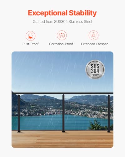 VEVOR 4er-Set Kabelgeländerpfosten, 106,7x3x5cm Deckgeländerpfosten mit horizontalen & vorgebohrten Löchern, SUS304, mit horizontaler & gebogener Halterung, Schwarz, 4JZLGZXHS106REP67001V0