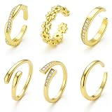 Wanmu Juego de 6 anillos para el dedo del pie para mujer, no se deslustran, chapados en oro de 14 quilates, anillos ajustables y abiertos, diseño de flores, circonita cúbica, anillo delicado para el
