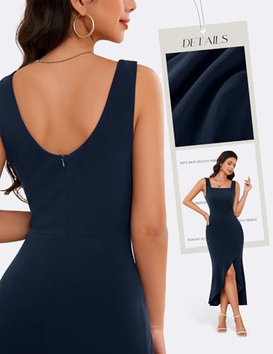 Image of Dressystar 2026 Women's Square Neck Bodycon Sleeveless Cocktail Dresses | wedding guest dresses for women, midi length, formal party dress, soft breathable stretchy material, slit ruffle hem design
