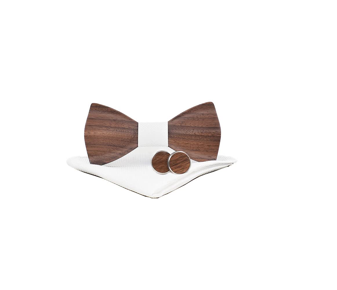 Desconocido Gemelos clásicos de madera para hombre, pajarita de novio, padrino, pajarita, juego de pañuelo cuadrado a juego con caja de regalo, Blanco, talla única