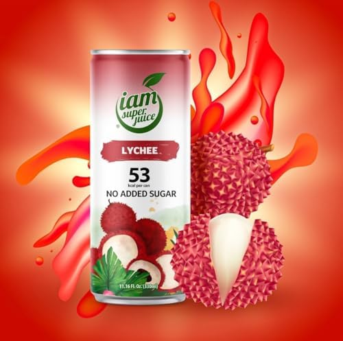 iam super juice Lychee | Vegan friendly | No added sugar | Very Low calories | Super fruits | 12x 330ml cans