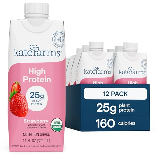 Image of KATE FARMS Organic High Protein Strawberry Nutrition Shake, 25g Protein, 6g Fiber, 27 Vitamins and Minerals, 0g Sugar, Protein Drink, 11 oz (12 Pack)