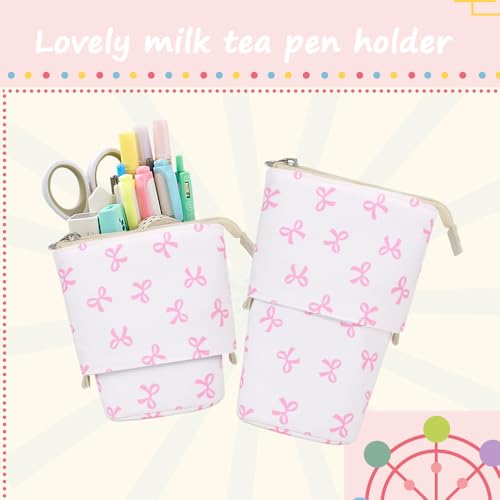 Image of KPX Cute Standing Pencil Case Pen Holder for Kids, Pop Up Stand UP Bubble Tea Pen Organizer Kawaii Stationary for Christmas Holiday New Year Office (Bow)