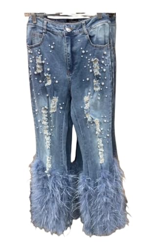 Faux-Fur Ripped Beaded Stretch Skinny Denim Jeans Pants4