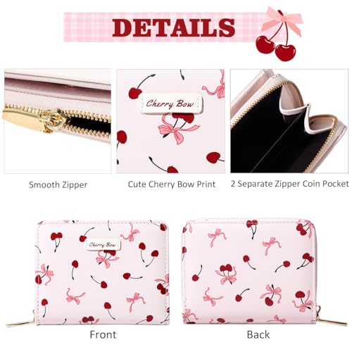 Sunwel Fashion Women Cute Print Wallets with Credit Card Slots ID Window & Zipper Coin Pouch (CHERRY BOW PINK)4