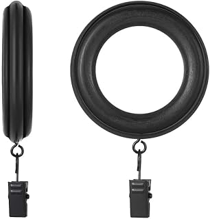 20 Pack Wooden Drapery Curtain Rod Rings with Clips 3 Inch Outer Diameter Natural Farmhouse Beech Wood Carved Drapes Rings 1.8 Inch Interior Diameter for 1-1.5 Inch Curtain Rod Pole (Black)
