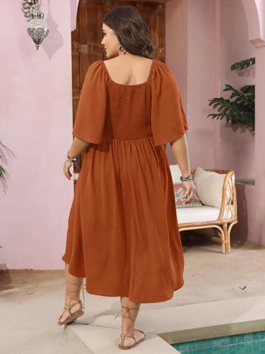 Image of SCOMCHIC Plus Size Summer Dress Casual Short Sleeve Bow Tie Deep V Neck Smocked Button Down Midi Flowy A-line Boho Dresses