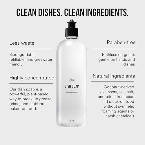 Image of Public Goods Natural Fragrance Free Dish Soap | Kitchen Soap | Plant-Based & Vegan Friendly | Clear Dish Detergent Liquid | Concentrated Formula | Made in USA | 16 Fl Oz