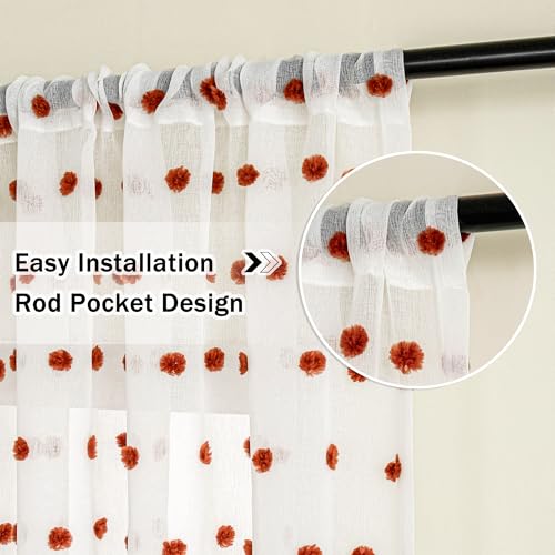 Image of MYSKY HOME Brick Red Pom Pom Sheer Curtains for Bedroom 90 Inch 2 Pieces