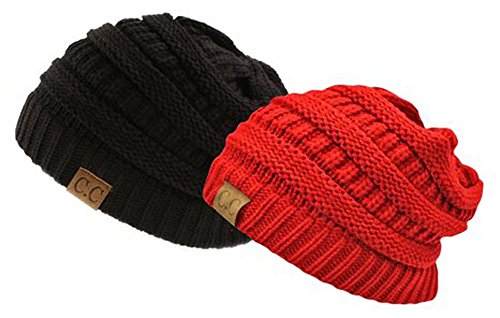 Thick Slouchy Knit Oversized Beanie Cap Hat, 2pack BlackRed