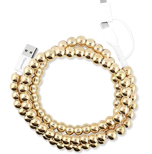 Image of Stylish Beaded Phone Charger Cable Colors USB Charging Cord for Smartphones (2-1 to USB A, Gold, 3.3ft)