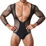 Dobovova Men's Sexy Sheer Fishnet Bodysuit Sissy SM Cosplay Deep V Neck Long Sleeve Gay One-Piece Bodysuit...
