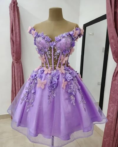 3D Butterfly Off Shoulder Homecoming Dresses for Teens 2025 Short Glitter Tulle Lace Corset Prom Cocktail Party Gowns2