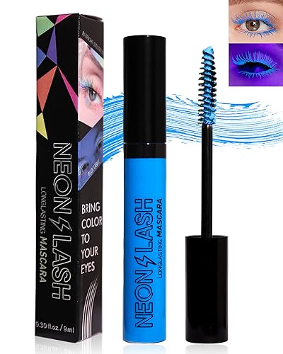 Máscara de rímel con purpurina de neón, volumen y longitud, 1 unidad, color azul, resistente al agua, no se agrupa, resistente a los golpes, para fiestas de Halloween, actuaciones en escenarios