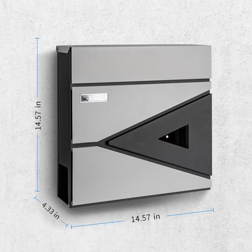 Image of Wall-Mount Mailbox for House Outside, Security Drop Box with Lock and Keys, Steel Metal Mail Box with Newspaper Compartment, 14.57 x 14.57 x 4.33 Inch, Grey & Black, MD039 X-Large