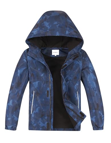 KFRRZC Boys Rain Jackets Waterproof Hooded Fleece Raincoats Lightweight Windbreakers for Kids(Navy Blue,5-6)