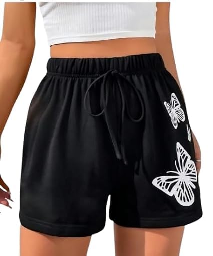 Women's Butterfly Print Athletic Shorts – Black with White Graphics, High-Waisted Drawstring, Comfortable and Stylish Casual Activewear-image-42