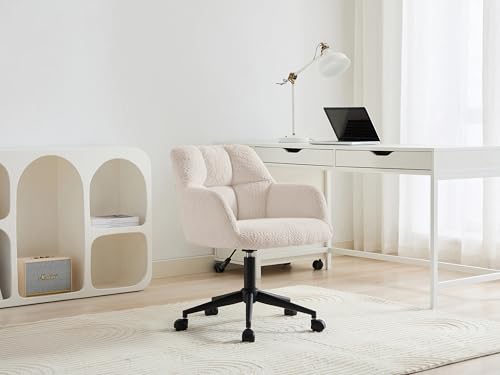 Image of Finch Fox Battle Modern 360 Swivel Mid-Back Armrest Boucle Fabric Study Upholstered Black Metal Powder Coated Base Study Computer Office Desk Chair in Cream Color