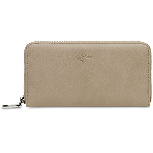 Caspar GB413 großer langer Damen Geldbeutel Geldbörse Portemonnaie mit umlaufendem Reißverschluss, Farbe:taupe, Größe:One Size