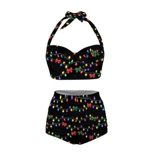 Annejudy Christmas Lights Bow Women's High Waist Two Pieces Bikini Set Halter Top with Bottom Swimwear Push Up with Extra Padded Swimsuits Xmas Holiday Casual Bathing Suits S-XXL