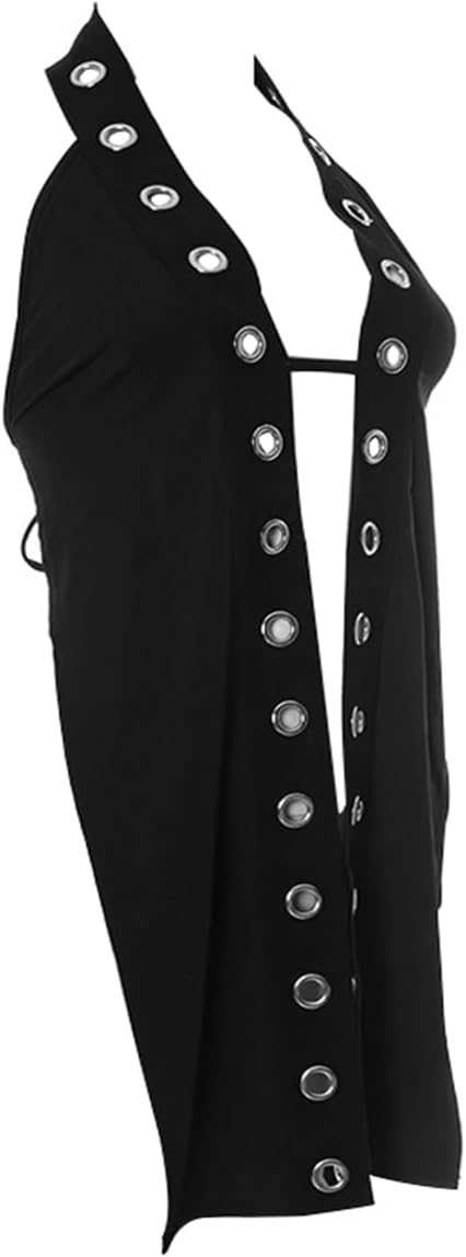 Women's Punk Long Tank Top Hollow Out Gothic Grommet Eyelet Halter Cutout Sleeveless Backless Tie Split Cami Vest - Image 2