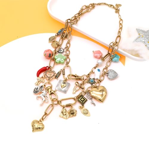 Chunky Retro Heart Necklace for Women Antique Layer Beach Ocean Moon Stars Western Boho Charm Necklaces Retro Link Chain Jewelry2