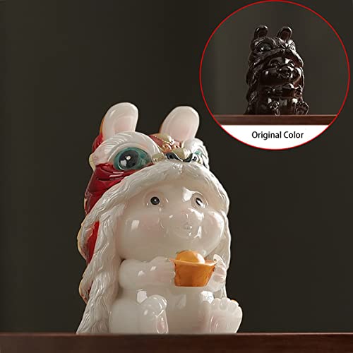 Hormsdar Color Changing Tea Pet Rabbit Cute Resin Lion Dance Bunny Statue Kung Fu Tea Tray Decor Tea Lover's Gift Home Office Desk Feng Shui Ornament (White)