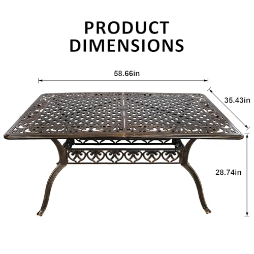 Image of Rectangle Patio Table 59 inch Cast Aluminum Patio Dining Table with 2.56 inch Umbrella Hole, Weather-Resistant Outdoor Dining Table for 6-8 Person, Balcony Garden Table 59 inch x 35.5 inch x 29 inch, Bronze
