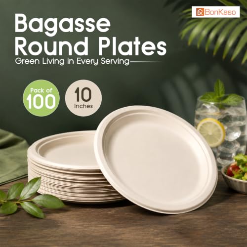 Image of Bonkaso 10 Inch, Pack of 100 Bagasse Disposable Round Plates (Beige)| Eco-Friendly Sugarcane Paper Plates | Biodegradable, Compostable & Sturdy | Ideal for Snacks, Desserts, Parties, Weddings & Events