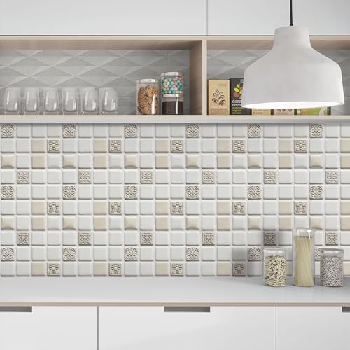 Azulejos Adhesivos Cocina y Baño Beige Amarillo Vinilos Azulejos Impermeables para Pared, Baldosas Adhesivas para Cocina y Baño 20 PC(10x10cm)
