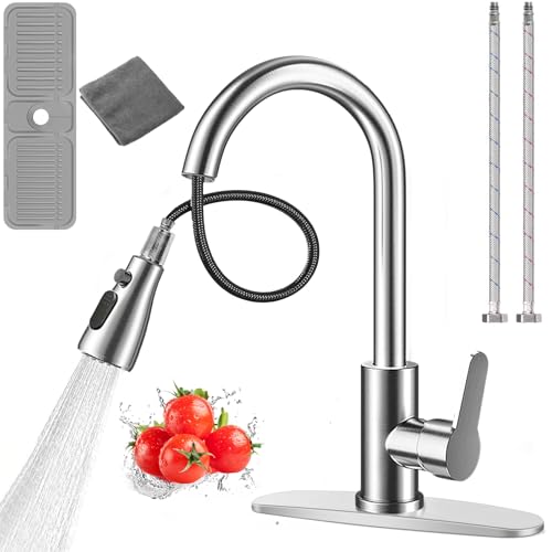 Mezcladora para Fregadero de Acero Inoxidable 304, Grifo de Cocina Acero Extraible, con 2 Modos de Chorros y Rotación 360°, Diseño de Agua Fría y Caliente (plata)