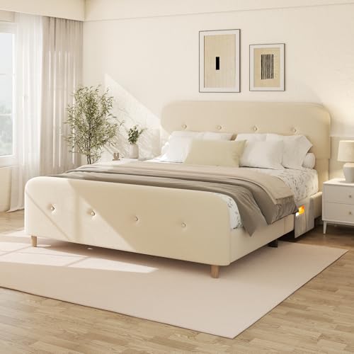 viplov King Size Platform Bed Frame with Velvet Upholstered Headboard, Button Tufted Headboard and Footboard, Anti-Collision Soft Rounded Corners, No Box Spring Needed, Easy Assembly, Beige