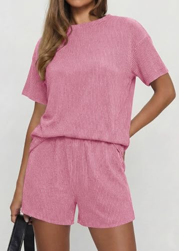 KIRUNDO Two Piece Sets for Women Dressy Casual Ribbed Knit Short Sleeve Top Matching Shorts Lounge Set 2026 Summer Outfits(Pink, X-Large) — view 5