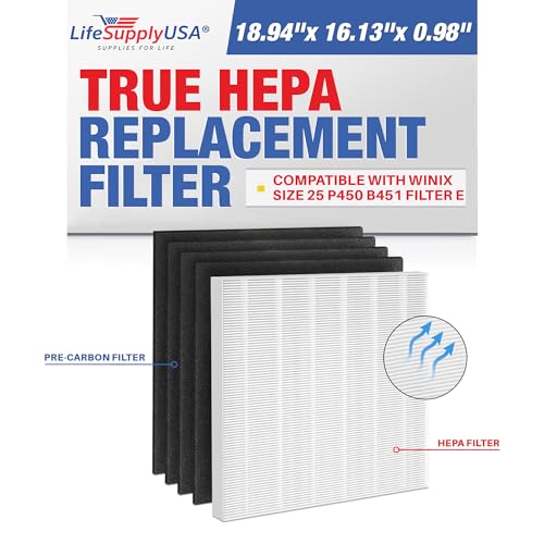 LifeSupplyUSA Complete Replacement Filter Set (1 True HEPA Air Cleaner + 4 Carbon Filters) Compatible with Winix Size 25 P450 B451 Filter E