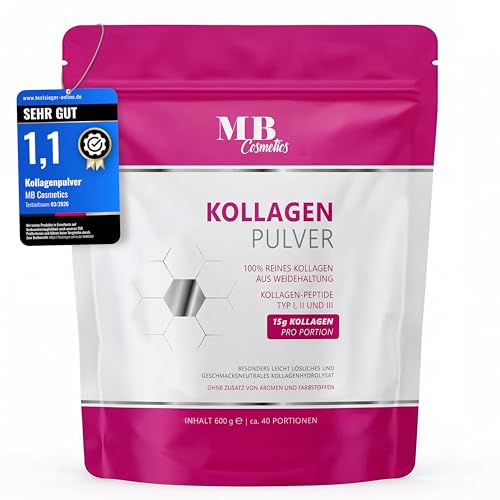 Collagen Pulver 600g – 100% reines Kollagen Hydrolysat aus Kollagen Peptiden Typ 1, 2, 3 – Eiweißpulver neutraler Geschmack, perfekte Löslichkeit ohne Zusätze - MB COSMETICS®